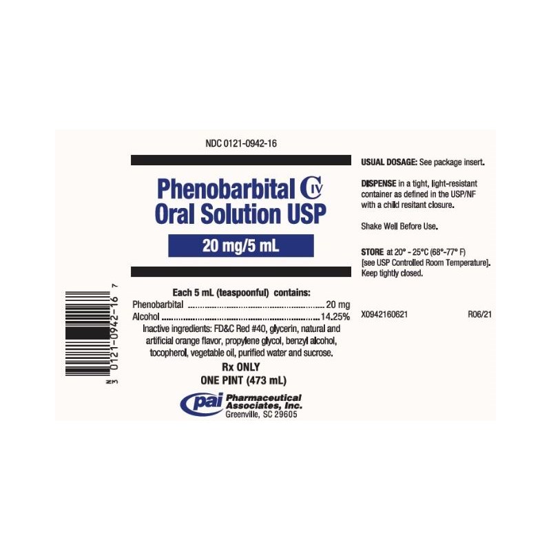 Phenobarbital Oral Elixir 20mg/5ml 473ml CV