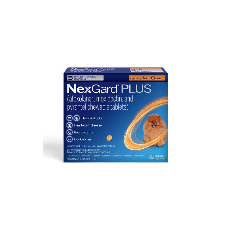 NexGard Plus Soft Chews for Dogs 4-8lbs (3 dose x 10) Orange