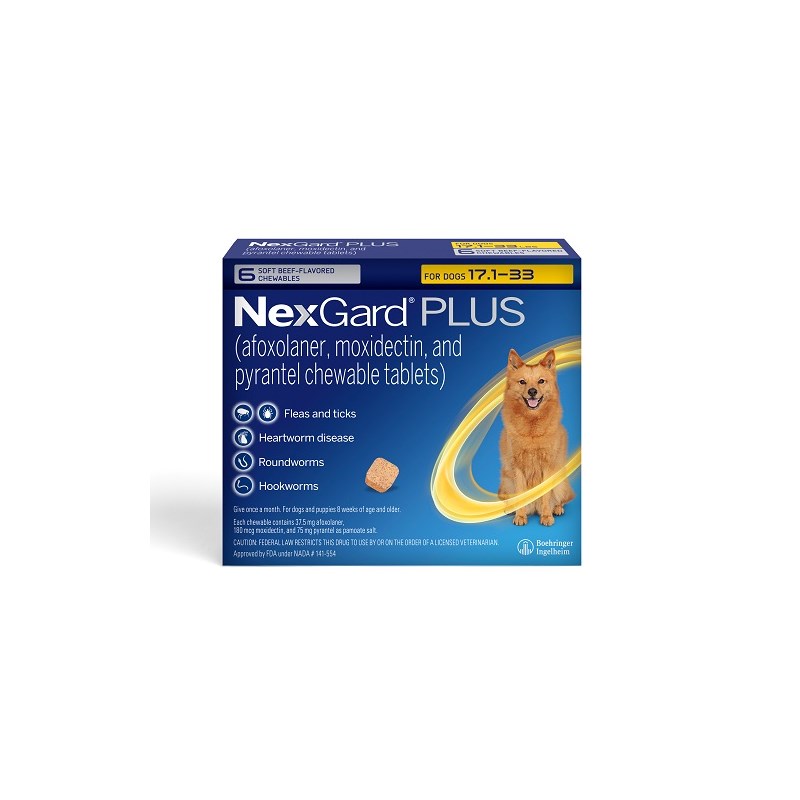 NexGard Plus Soft Chews for Dogs 17.1-33lbs (6 dose x 10) Yellow