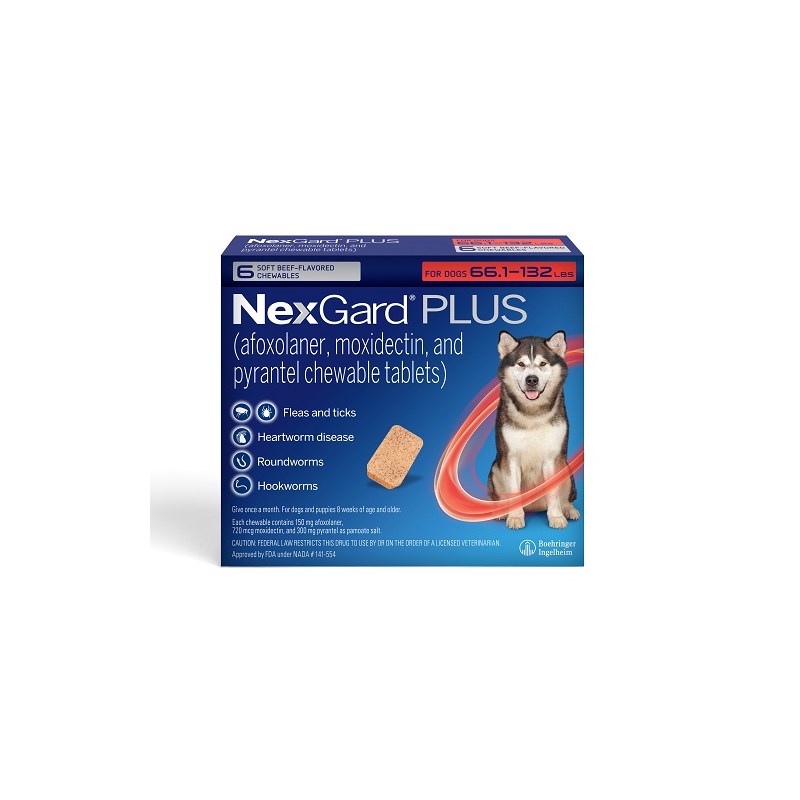 NexGard Plus Soft Chews for Dogs 66.1-132lbs (6 dose x 10) Red