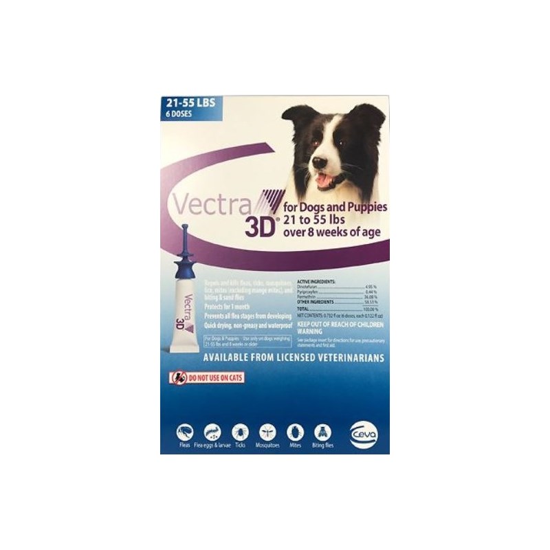 Vectra 3D Dogs and Puppies Blue 21-55lbs 6 dose SINGLE CARD