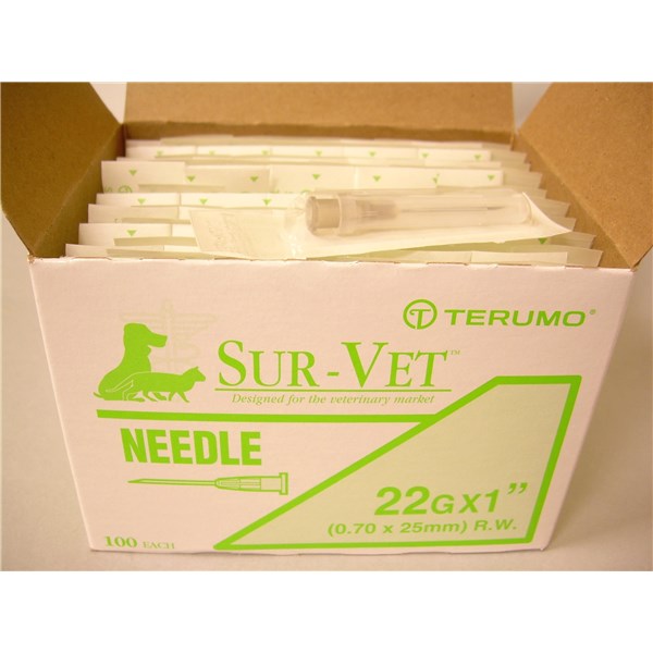 Terumo Sur-Vet Needle 22g x 1&quot; Regular Wall  Plastic Hub