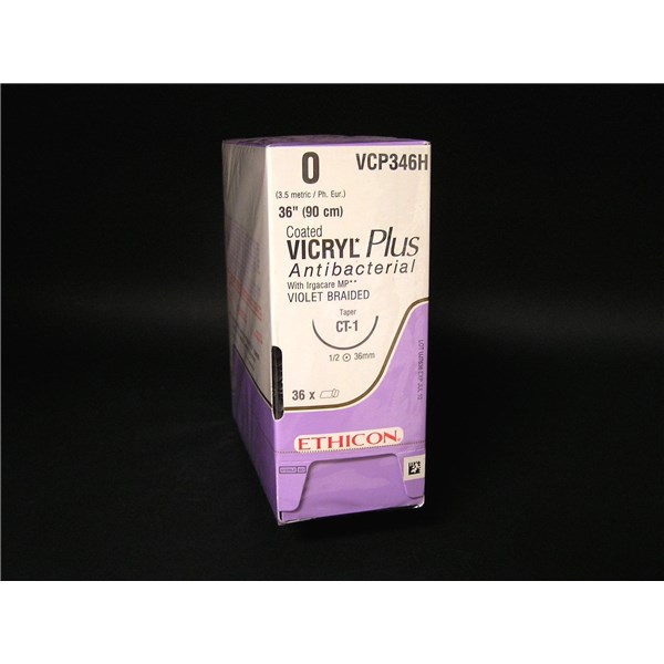 Suture 0 Vicryl Plus 36&quot; (CT-1) 36mm 1/2&quot; Circle Taper Point 36ct