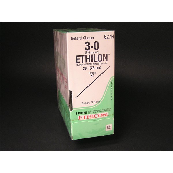 Suture 3/0 Ethilon 30&quot; Black (KS) 60mm Straight Cutting Needle 36ct