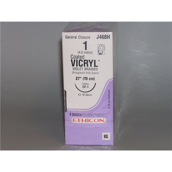 Suture 1 Vicryl 27&quot; Violet (CP-1) 36mm 1/2&quot; Circle Reverse Cutting 36ct