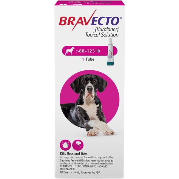 Bravecto Dog Topical Solution 88-123lbs 1400mg Pink 10x1ds