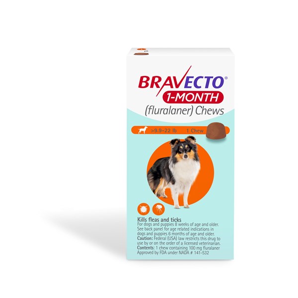 Bravecto 1 MONTH Chew 9.9-22 lbs Orange 1ds/card  10 cards/box
