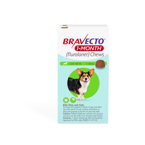 Bravecto 1 MONTH Chew 22-44lbs Green 1ds/card  10 cards/box
