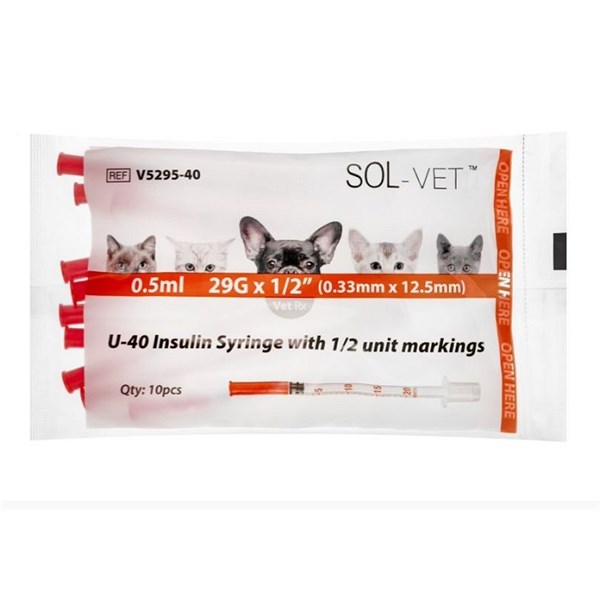 U-40 Insulin Syringe 0.5cc with 29g x 1/2&quot; Sol-Vet 100/bx