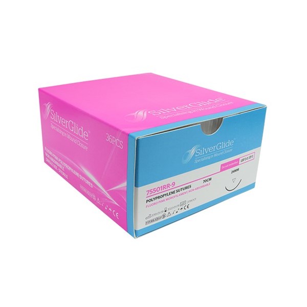 Suture 3/0 Polypropylene 27&quot; Fluorescent Pink (FS-1) 24mm 3/8&quot; Circle Reverse Cutting 36ct