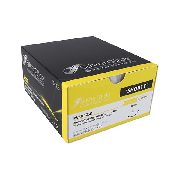 Suture 2/0  Polyvinyledene Fluoride Shorty 18&quot; Yellow (FS-1) 25mm 3/8&quot; Circle Reverse Cutting  36ct