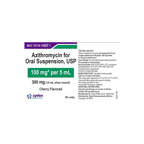 Azithromycin Oral Suspension 100mg/5ml 15ml Zydus Label