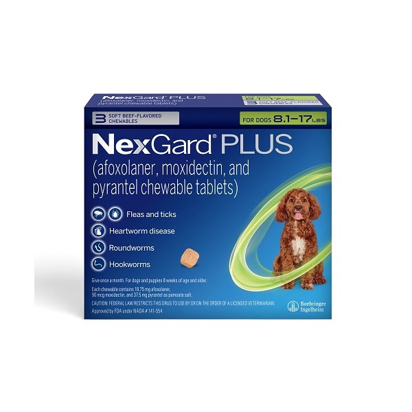 NexGard Plus Soft Chews for Dogs 8-17lbs (3 dose x 10) Green