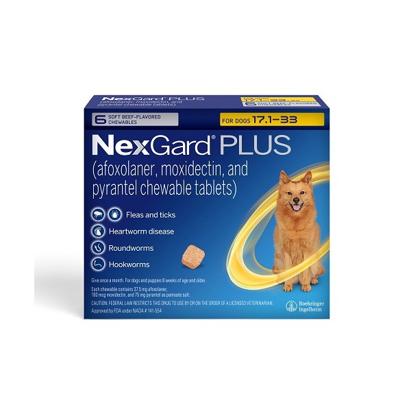 NexGard Plus Soft Chews for Dogs 17.1-33lbs (6 dose x 10) Yellow