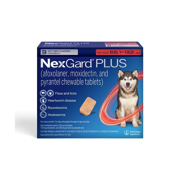 NexGard Plus Soft Chews for Dogs 66.1-132lbs (3 dose x 10) Red