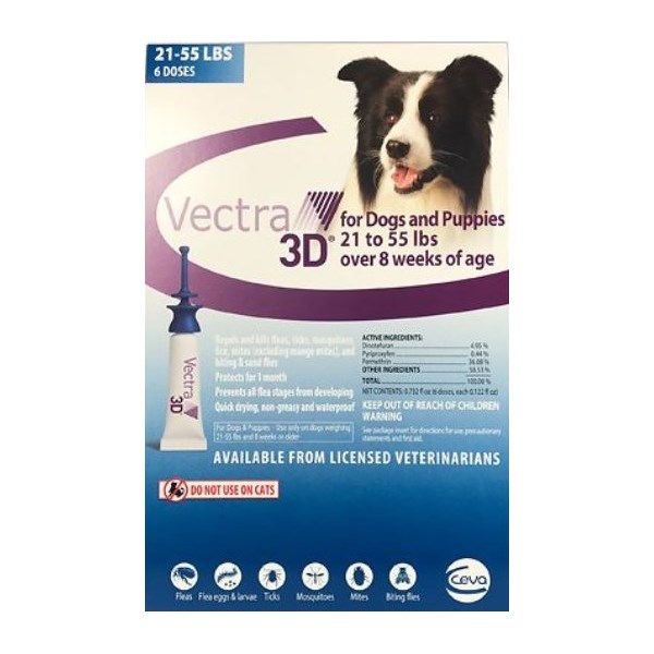 Vectra 3D Dogs and Puppies Blue 21-55lbs 6 dose SINGLE CARD