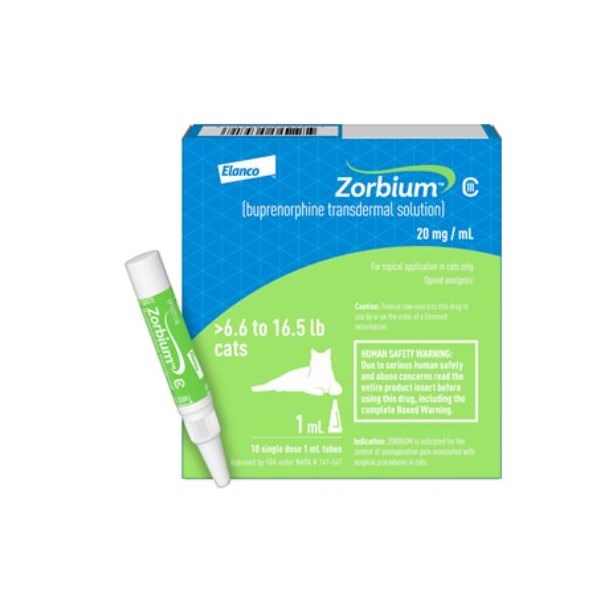 Zorbium (Buprenorphine) Transdermal Solution for Cats 6.6-16.5lbs 20mg/ml 1ml 10/pk C3