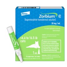 Zorbium (Buprenorphine) Transdermal Solution for Cats 6.6-16.5lbs 20mg/ml 1ml 10/pk C3